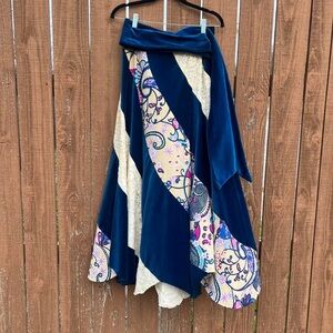 Vintage 70s blue velvet lace boho hippie patchwork swirl pattern maxi skirt